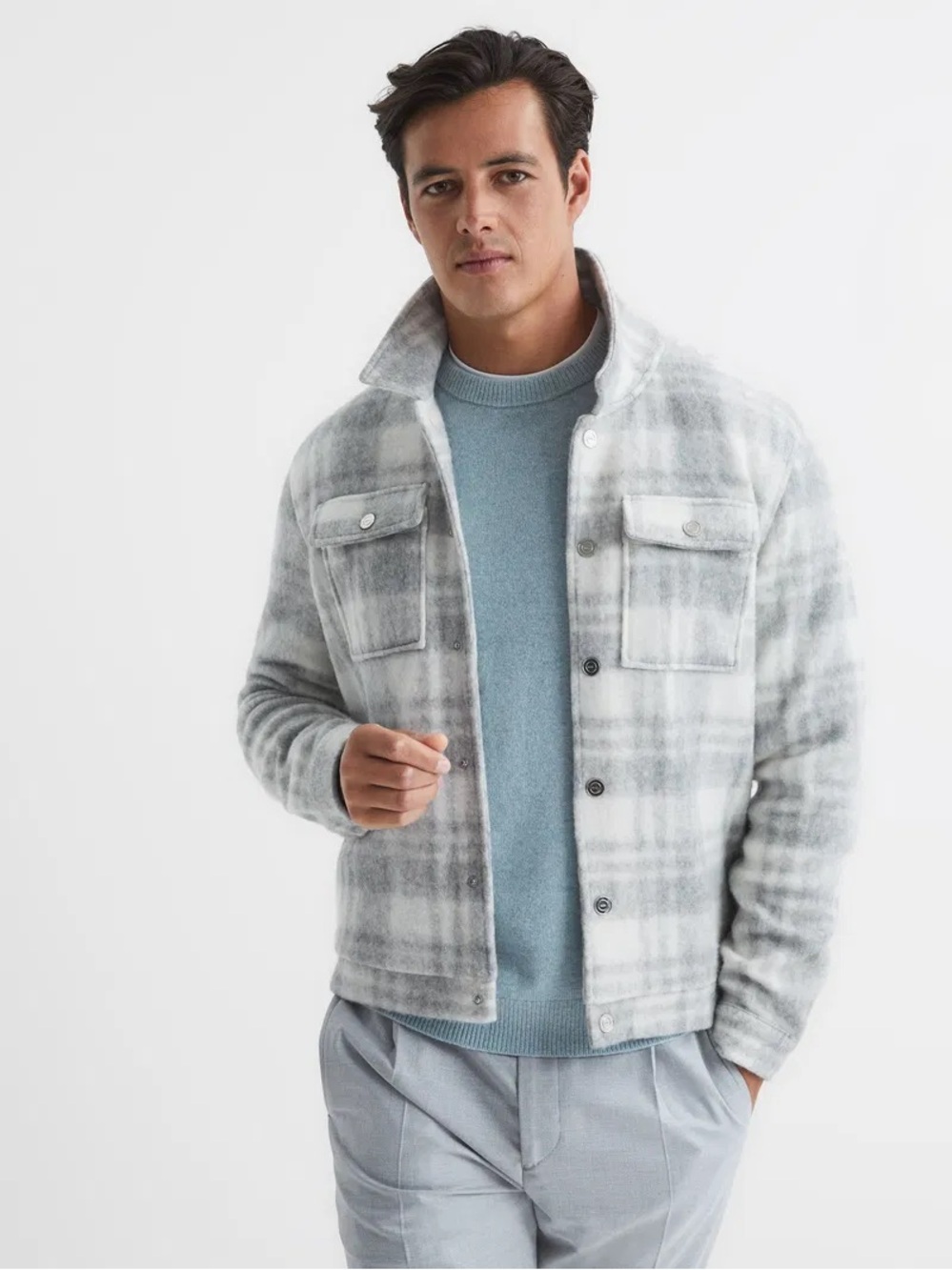 Reiss titan ecru plaid button down overshirt jacket